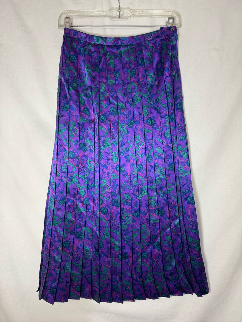 Vintage Pleated Floral Paisley Midi Skirt - Purple/Green